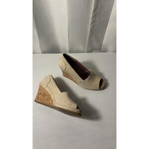Toms Women's Size 8 Natural Burlap Fabric Wedge Heels Sandals Open Toe Shoes